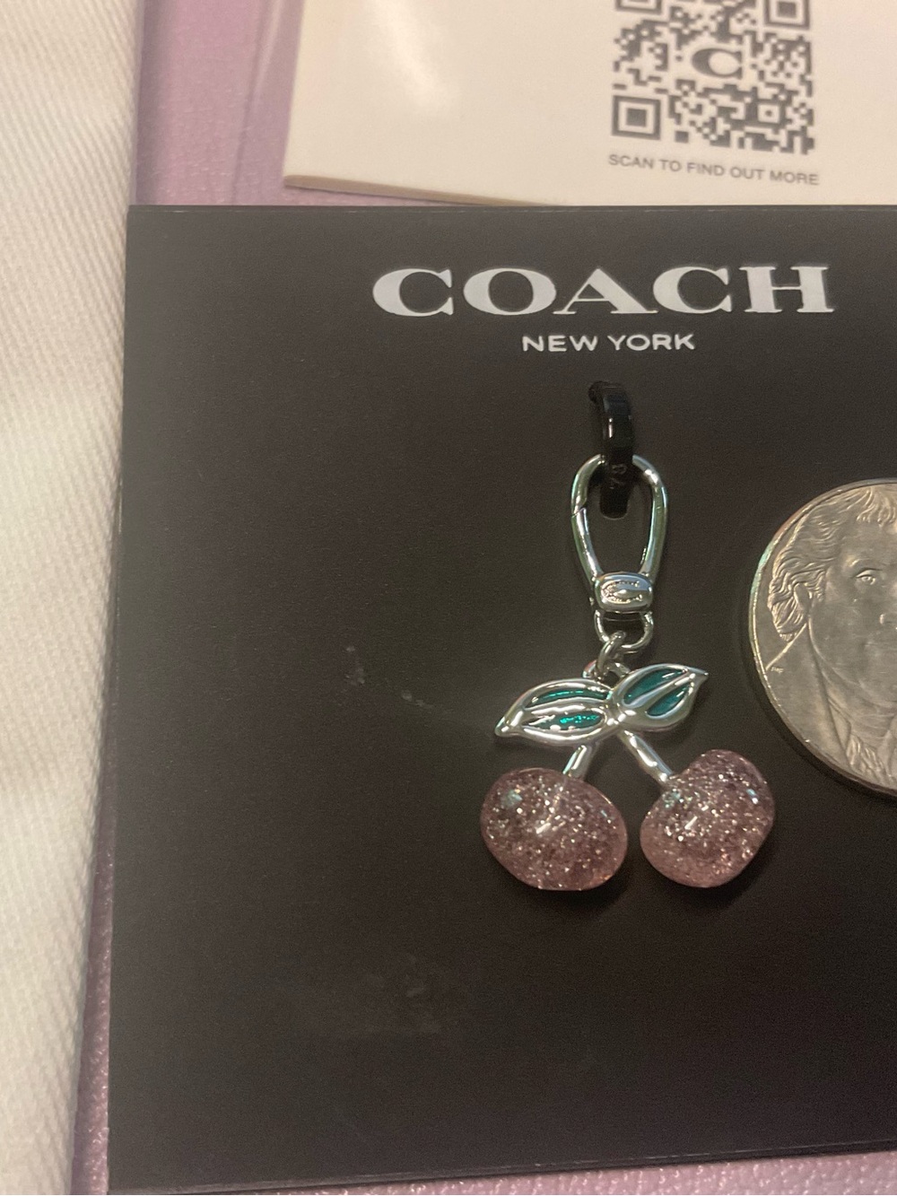 Coach Small  Pink Glitter Cherry Charm for Necklace Keyring with Silver New